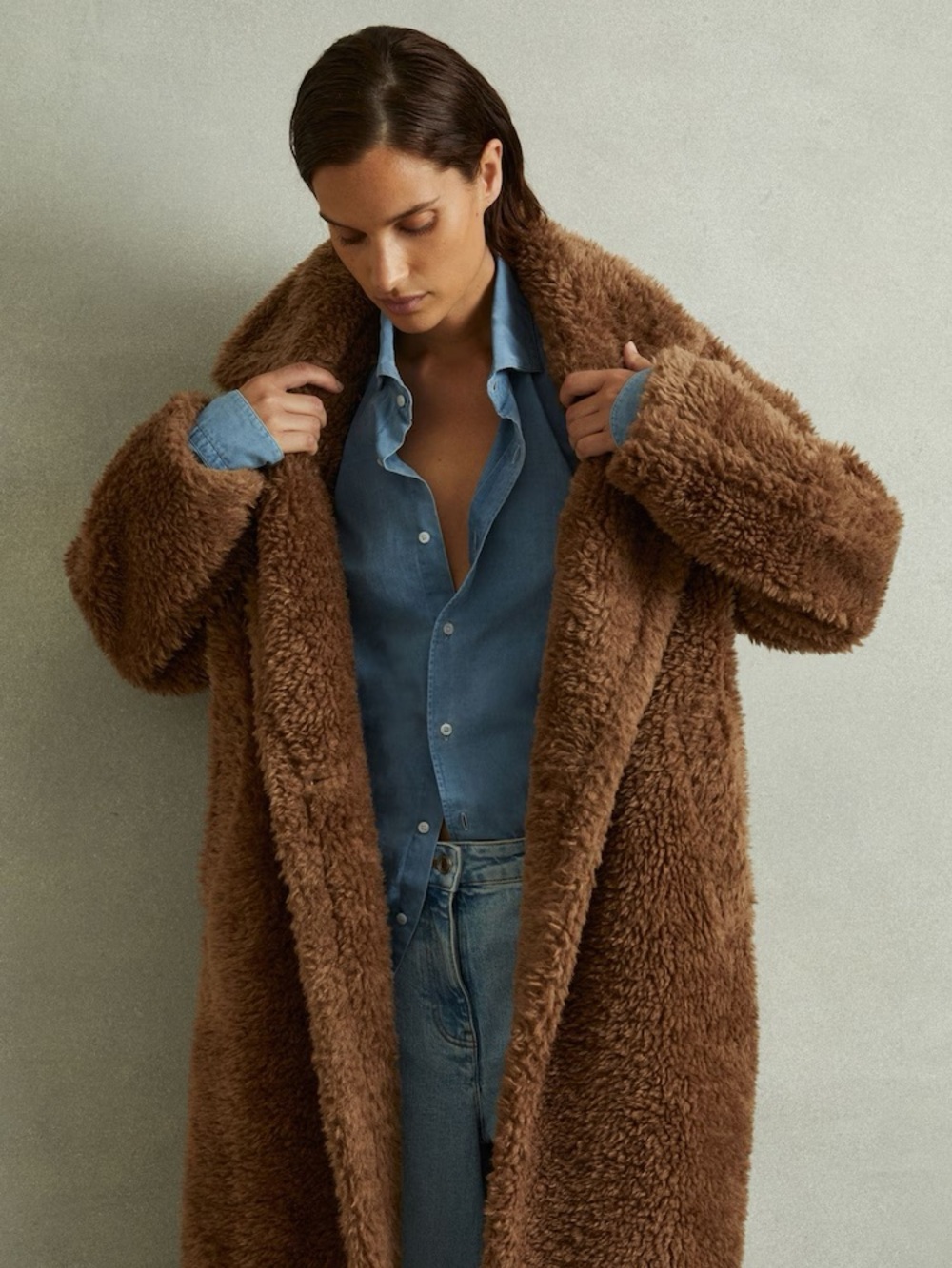 NWT Reiss Darla Teddy Coat Long Wool Jacket Brown Large - Picture 2 of 14